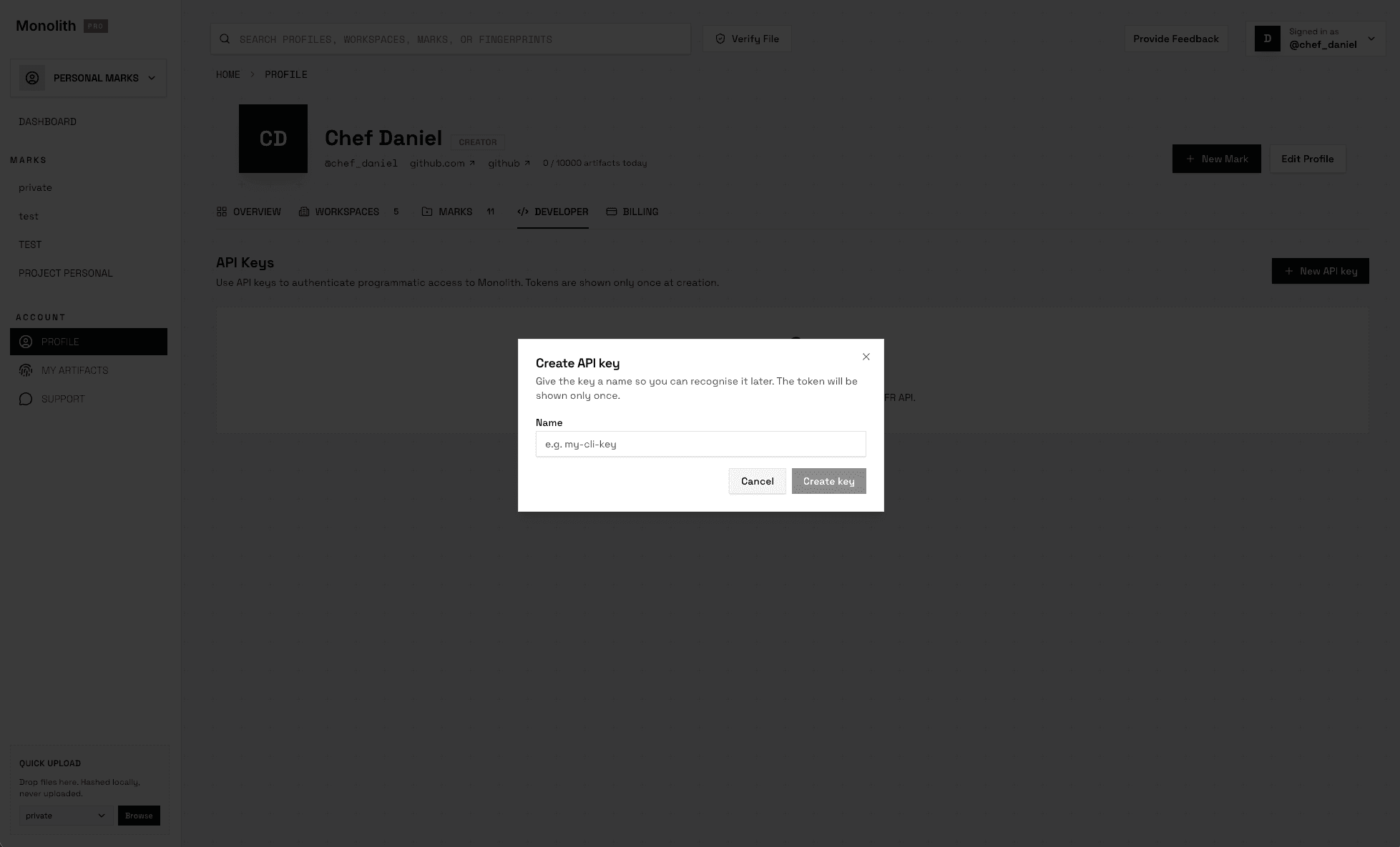 Create API key modal