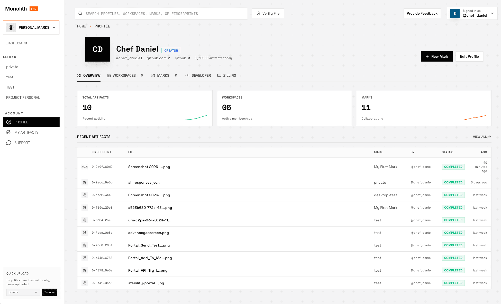 Profile overview on pro.joinmonolith.com